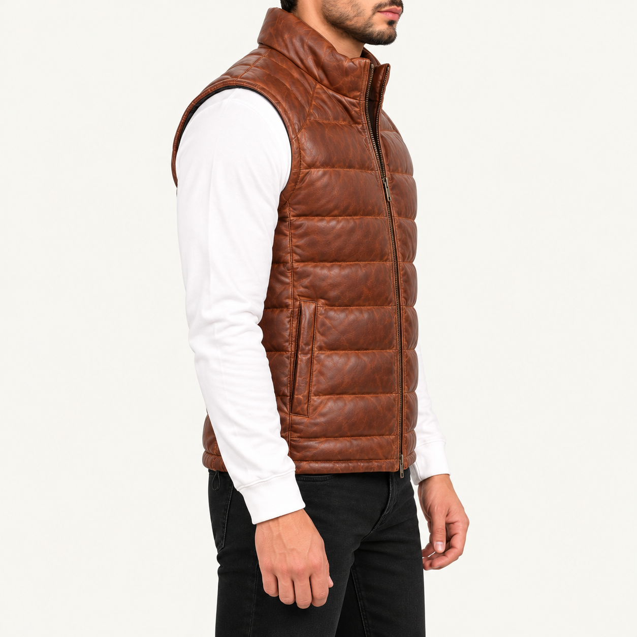 Men's Vintage Cognac Brown Quilted Leather Puffer Vest – Sleeveless Zip-Up Gilet Gallery